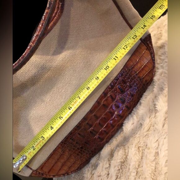 BRAHMIN Canvas and Warm Brown Crocodile Leather Shoulder Bag with Medallion - Picture 14 of 17